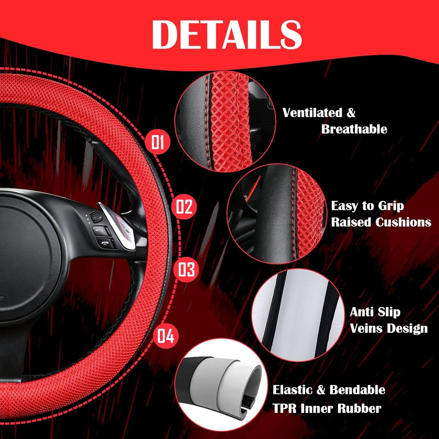 CAR PASS 3D Air Mesh Car Seat Covers Full Sets w/5mm Sponge, 4Pcs Waterproof Car Floor Mats, Steering Wheel Cover Universal Fit for SUV Sedan Truck, Airbag Compatible Automotive Interior(Black & red)