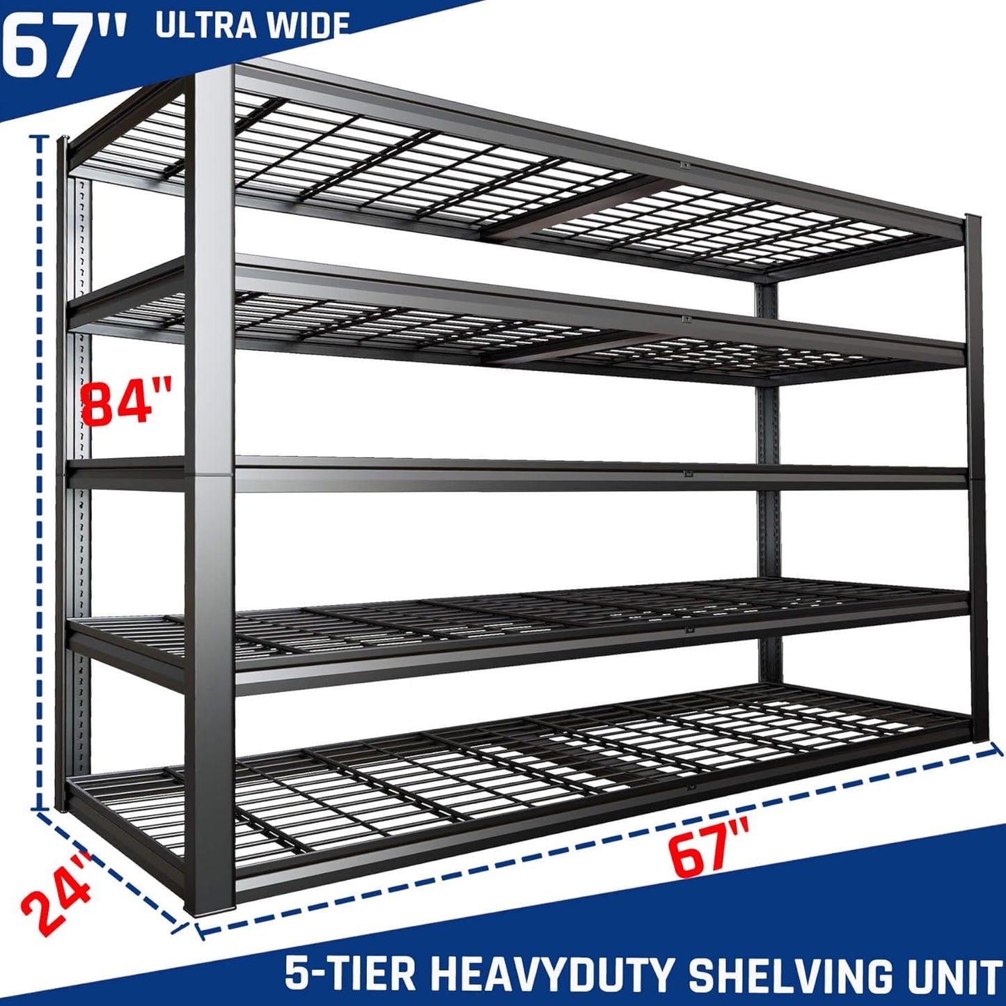 67" Wide 5-Tier Garage Shelving Unit, 67" W x 24" D x 84" H, Heavy Duty Garage Storage Shelves,3500 LBS Capacity, Industrial Adjustable Shelves for Basement, 2 Pack