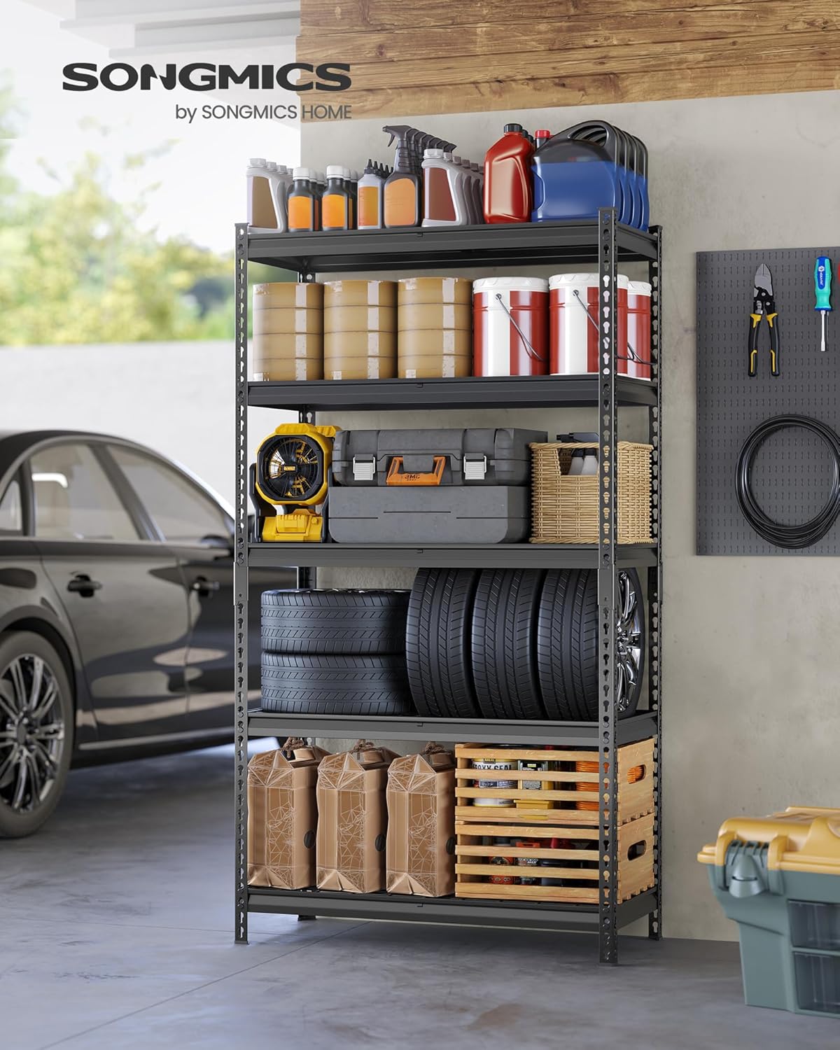 SONGMICS 5-Tier Storage Shelves Set of 3, Heavy-Duty Garage Shelving, Adjustable Shelving Unit, Steel Shelf, Boltless Assembly, for Garage, 2,250 lb Load, 18 x 108 x 72 Inches, Ink Black UGLR453B03