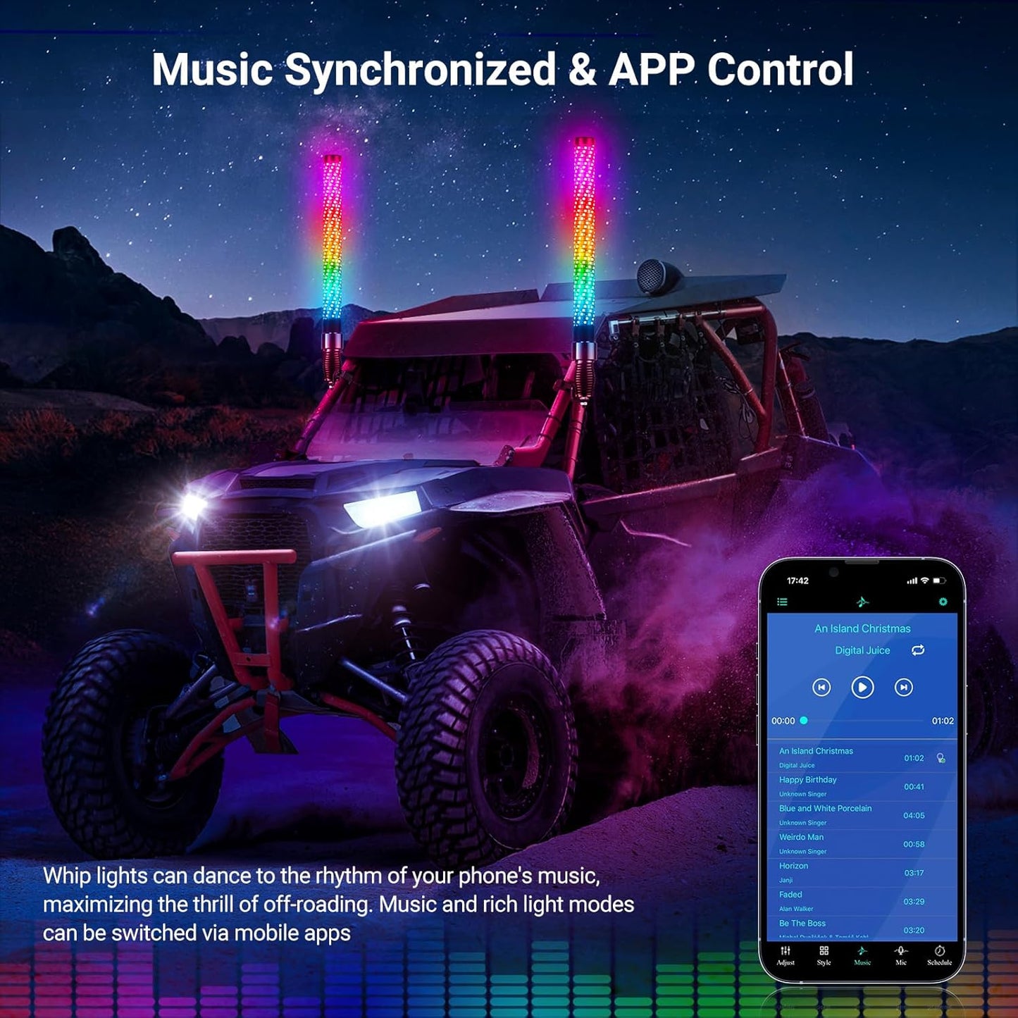 2FT Fat Whip Lights for UTV ATV with Spring Base, Led Fatty Whip Light W/Rocker Switch & 6 Flags, Brighter Spiral Chasing Lighted Antenna Whip with APP & Remote Control for RZR SXS Can-Am