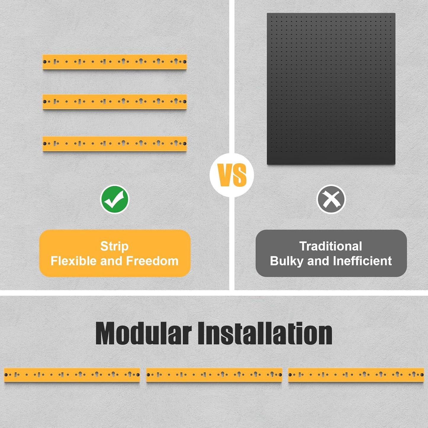 CCCEI 3 Modular Pegboard Strip Storage, Metal Peg Slat Wall Mount for Garage, Basement, Garden, Laundry Room Organization. Flexible Tool Organizer for Rake, Shovels, Crafting. Gifts for Men, Yellow.