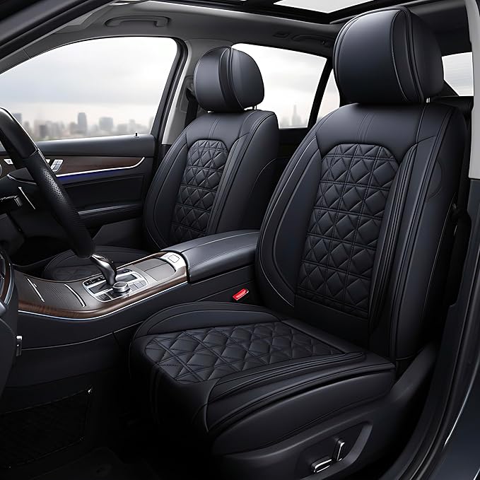 OASIS AUTO Car Seat Covers Full Set Premium Waterproof Faux Leather Cushion Universal Accessories Fit SUV Truck Sedan Automotive Vehicle Auto Interior Protector (OS010-Black)