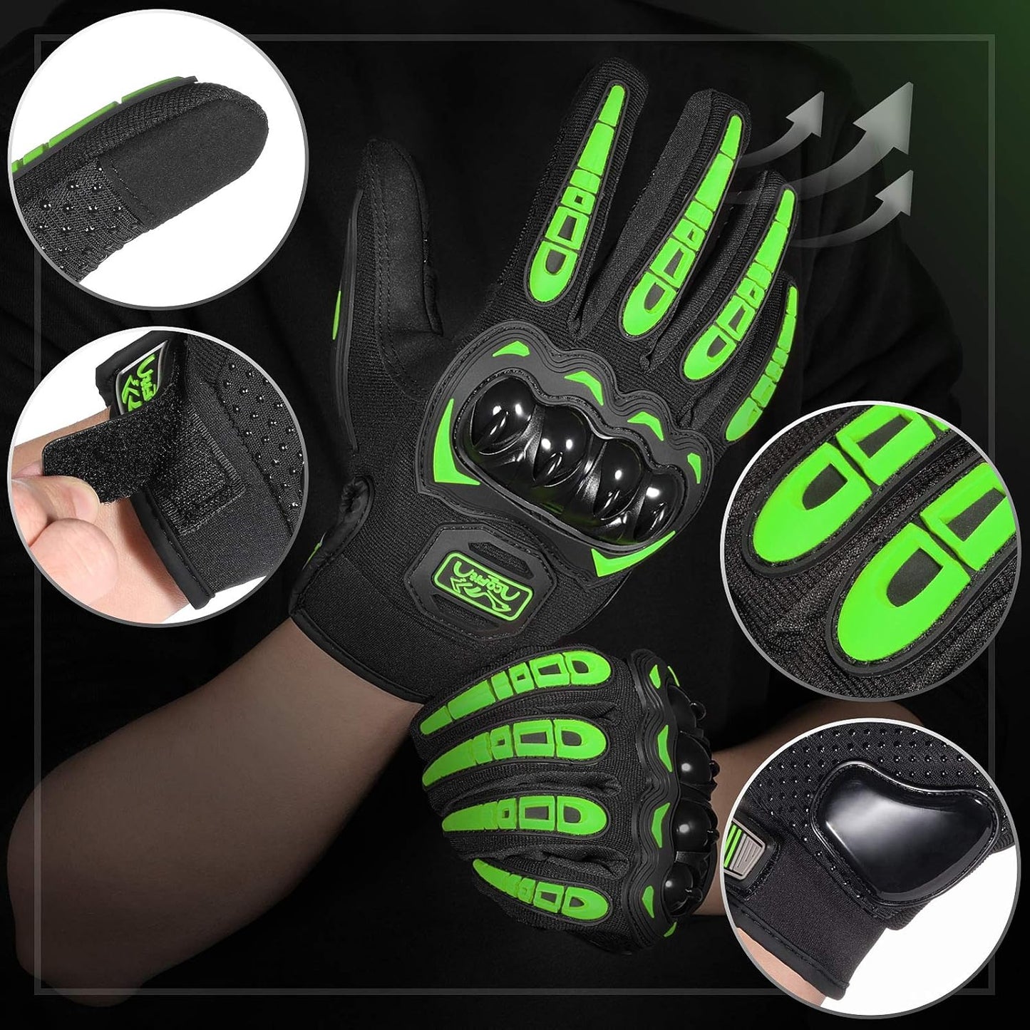 COFIT Motorcycle Gloves Breathable, Touchscreen Motorbike Gloves Anti-Slip with Good Grip Hard Knuckles Protection for Men Women Motocross, BMX ATV MTB Cycling, Road Racing - Green L