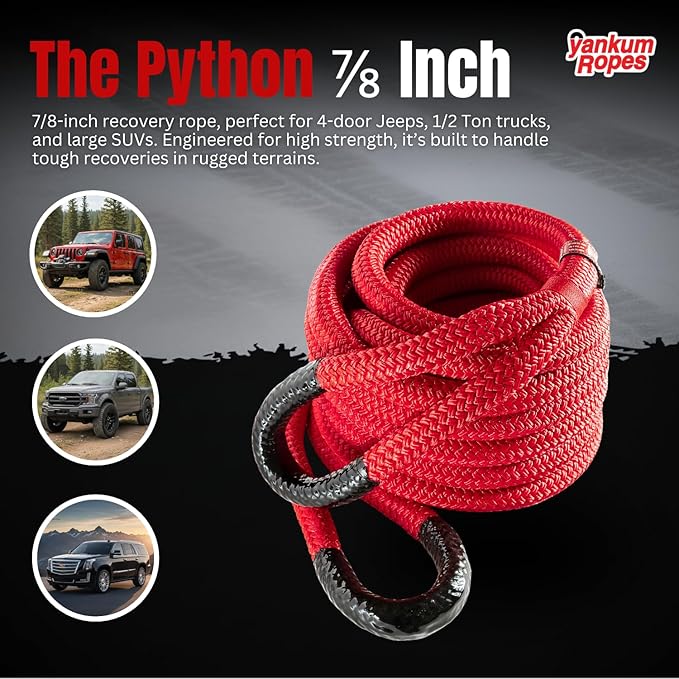 Yankum Kinetic Recovery Rope - Heavy Duty 7/8" x 30' Tow Rope, Off-Road & Vehicle Recovery, Kinetic Energy Ropes for 4x4, Jeep, and Trucks, Made in USA – Python Series