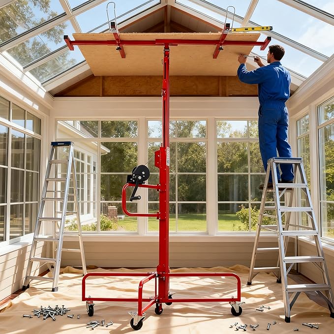 16FT Drywall Lift Sheetrock Lift, 150LBS Drywall Lift Panel Hoist with 4 Lockable Wheels for Ceiling, Drywall Rolling Lifter Panel, Drywall Jack Lift for Home & Commercial Use, Red