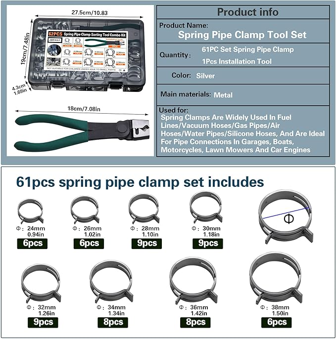 Automotive spring hose clamps 24-38 mm, 62 pcs fuel coolant pipe clamp tools in 8 sizes, used to fix hose interfaces in automotive, marine, gardening, and industrial applications