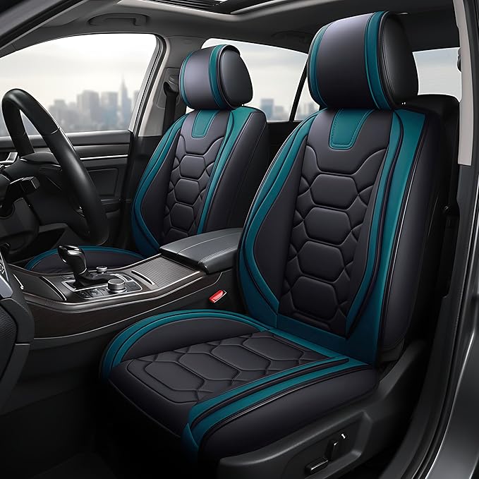 OASIS AUTO Car Seat Covers Front Seats, Waterproof Faux Leather Seat Covers for Cars Universal Fit for SUV, Truck, Sedan, Black Premium Car Seat Protector with Cushions (OS-004 Black&Teal)
