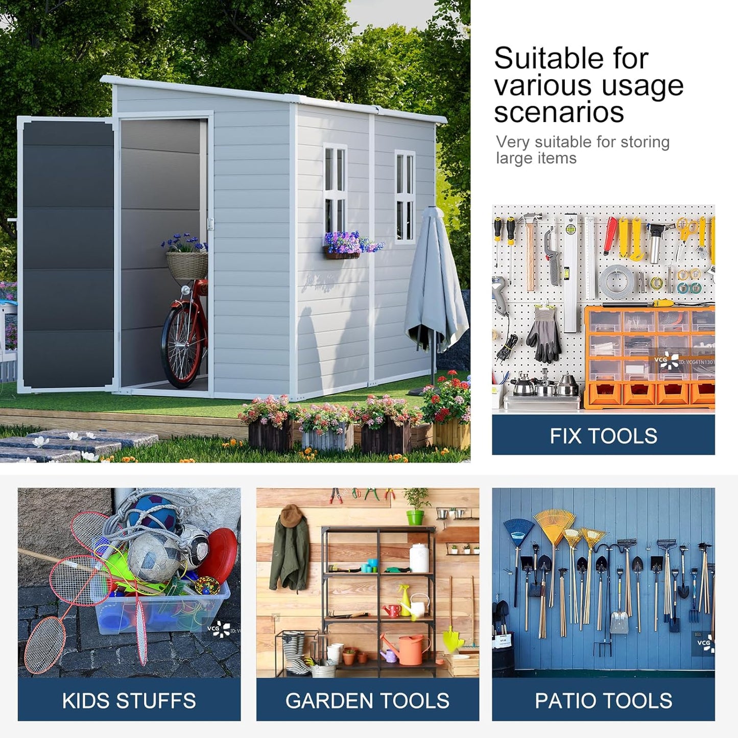 8x4 FT Resin Storage Shed with Floor Window for Outdoor Garden Waterproof Plastic Sheds Kit for Backyard Tool Storage, Gray