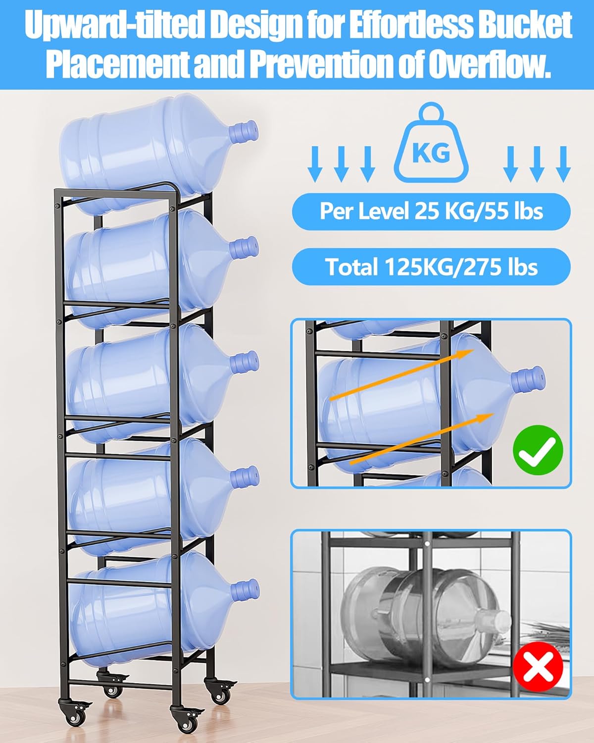 5 Gallon Water Jug Holder, Movable 5 Tier Heavy Duty Water Rack with 4 Wheels, Rack for Water Jug Storage, Space Saving Water Stand for Five 5 Gallon Water Jugs, Black
