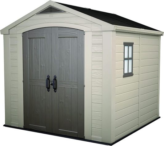 Keter Factor 8x8 Foot Large Resin Outdoor Shed with Floor for Patio Furniture, Lawn Mower, and Bike Storage, Taupe & Brown