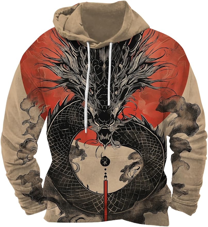 Mens Animal Print Graphic Hoodies Casual Long Sleeve Japanese Art Style Hooded Sweatshirt Lightweight Pullover Tops