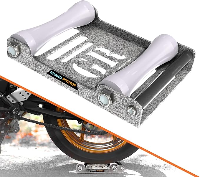 GRAND PITSTOP Motorcycle Roller Wheel Cleaning Stand - Paddock Stand Replacement - Wheel Roller Stand with Ramp Support for tire Cleaning & Chain Lubrication (Roller Large Antic Silver)