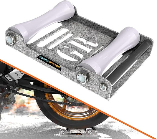 GRAND PITSTOP Motorcycle Roller Wheel Cleaning Stand - Paddock Stand Replacement - Wheel Roller Stand with Ramp Support for tire Cleaning & Chain Lubrication (Roller Large Antic Silver)