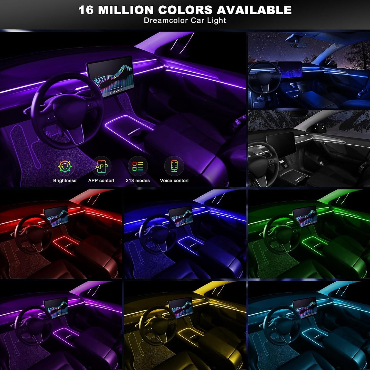 Acrylic Interior Car LED Strip Light with Wireless APP, RGB 6 in 1 with 175 inches 612 LEDs Fiber Optic Car Ambient Lighting Kits, Dynamic Music Sync Neon LED Strip Lights for Car