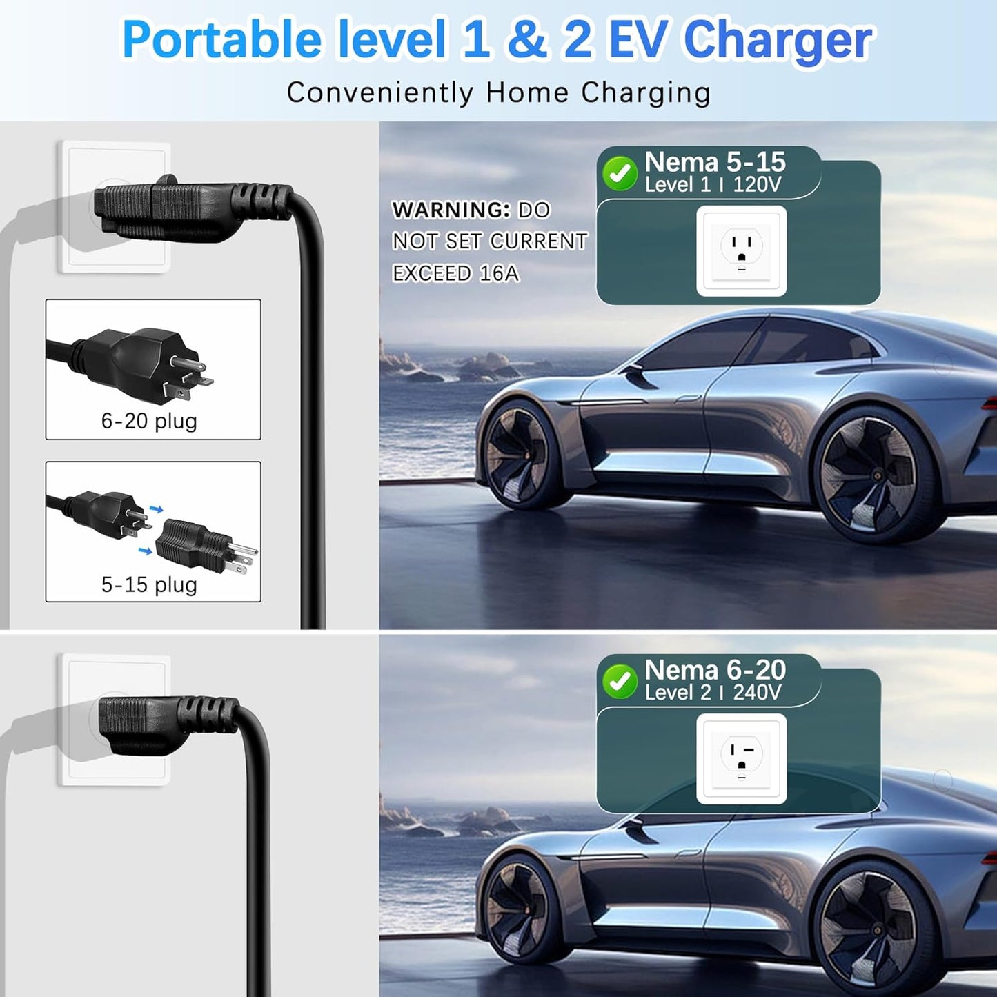 Portable Level 1&2 EV Charger, 16Amp Adjustable Current, Wallbox for Home/Travel, 110V/240V, NEMA 5-15&6-20 Plugs, 24.99FT Cable, Compatible with J1772 Electric Cars, Tesla Needs Adapter