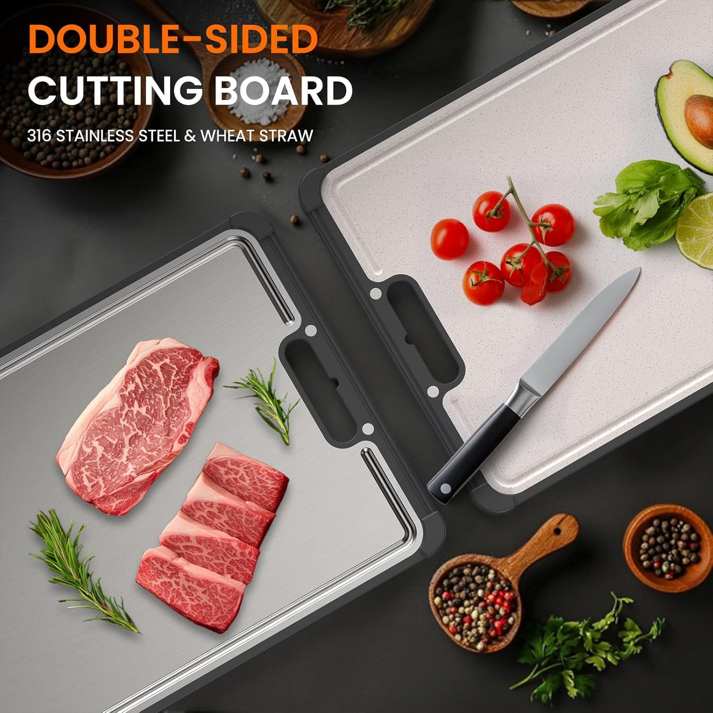 Premium 316 Stainless Steel Cutting Board for Kitchen– Double Sided,Non-Toxic& BPA-Free Chopping Board with Food-Grade Steel &Eco-Friendly Wheat Straw PP,for Meat&Vegetables Healthy Organic Board