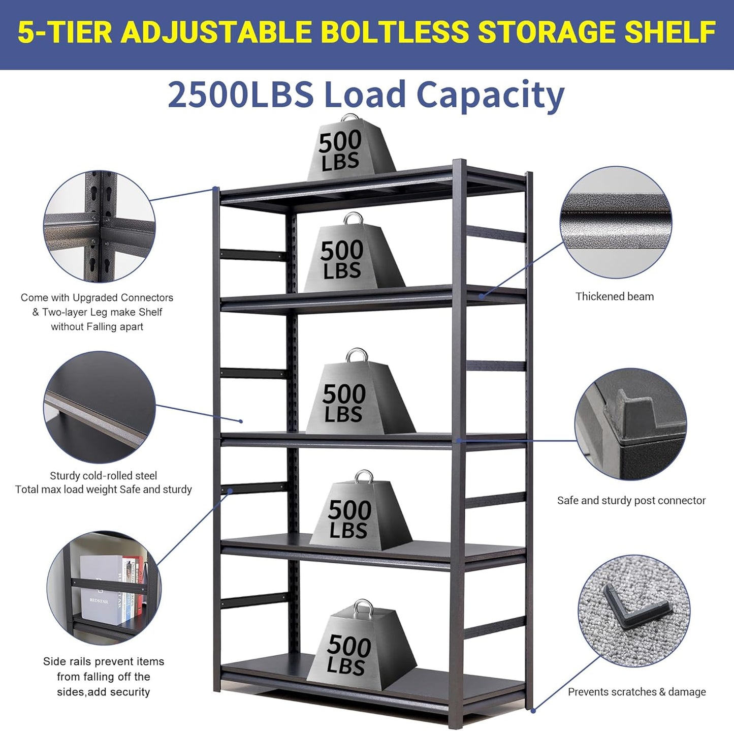 TOPKEY Metal Storage Shelf Garage Storage Shelves, Heavy Duty 5-Tier Utility Shelves for Garage, Kitchen, Warehouse, Adjustable Basement Storage Rack, Load 2500LBS, 78" H x 47.2" W x 18" D