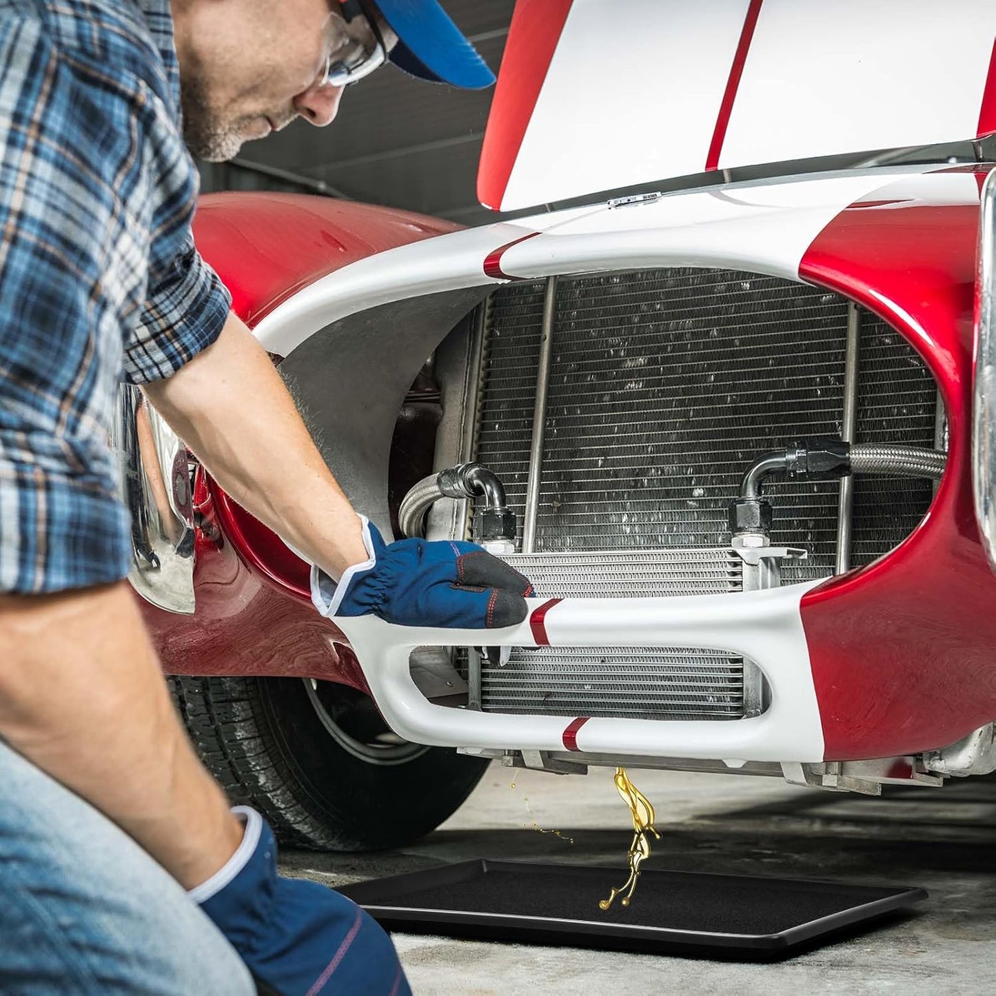 Uiifan 1 Set 27'' x 20''x 1.4'' Oil Drain Drip Pan for Car with Square No Splatter Pad Oil Drip Tray with Mat for Under Car Transmission Garage Automotive Driveway to Keep Floor Clean, Black