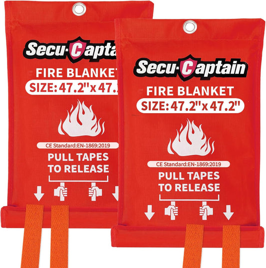 SecuCaptain Emergency Fire Blanket for Home - 2 Pack 47.2"x47.2" Large Flame Retardant Blankets with Fireproof Tabs for House Camping Kitchen Fire Protection Survival Safety