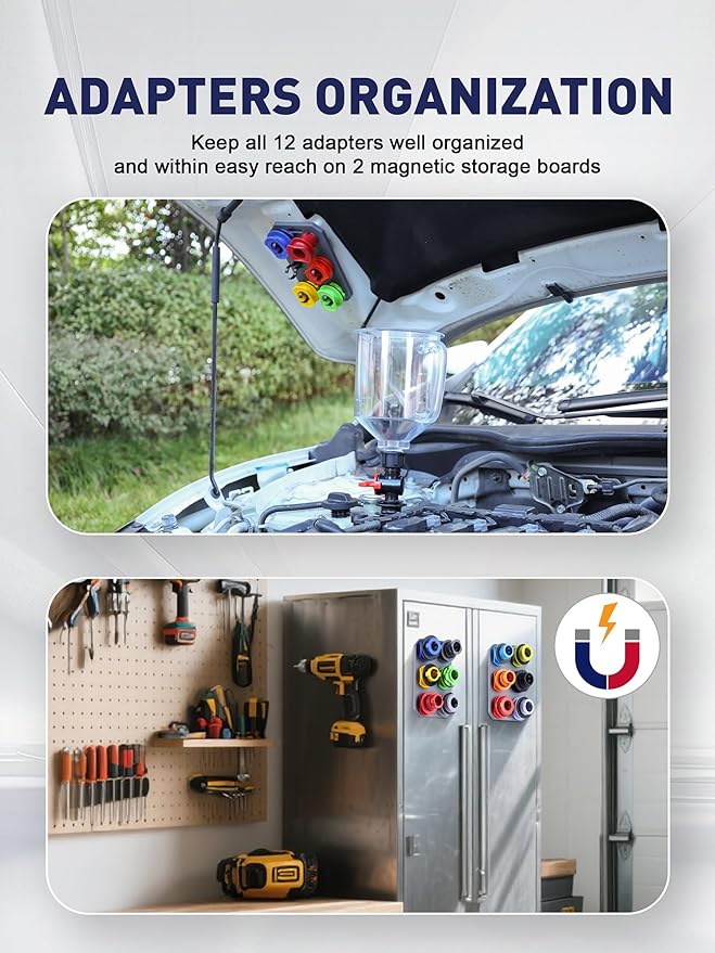 SMART JERRY - Spill-Proof Engine Oil Funnel Kit｜Oil Change Funnel w/ 12 Adapters & 2 Magnetic Adapter Organizer Boards｜Transparent Body w/Scale & Shut-Off Valve｜Universal Fit