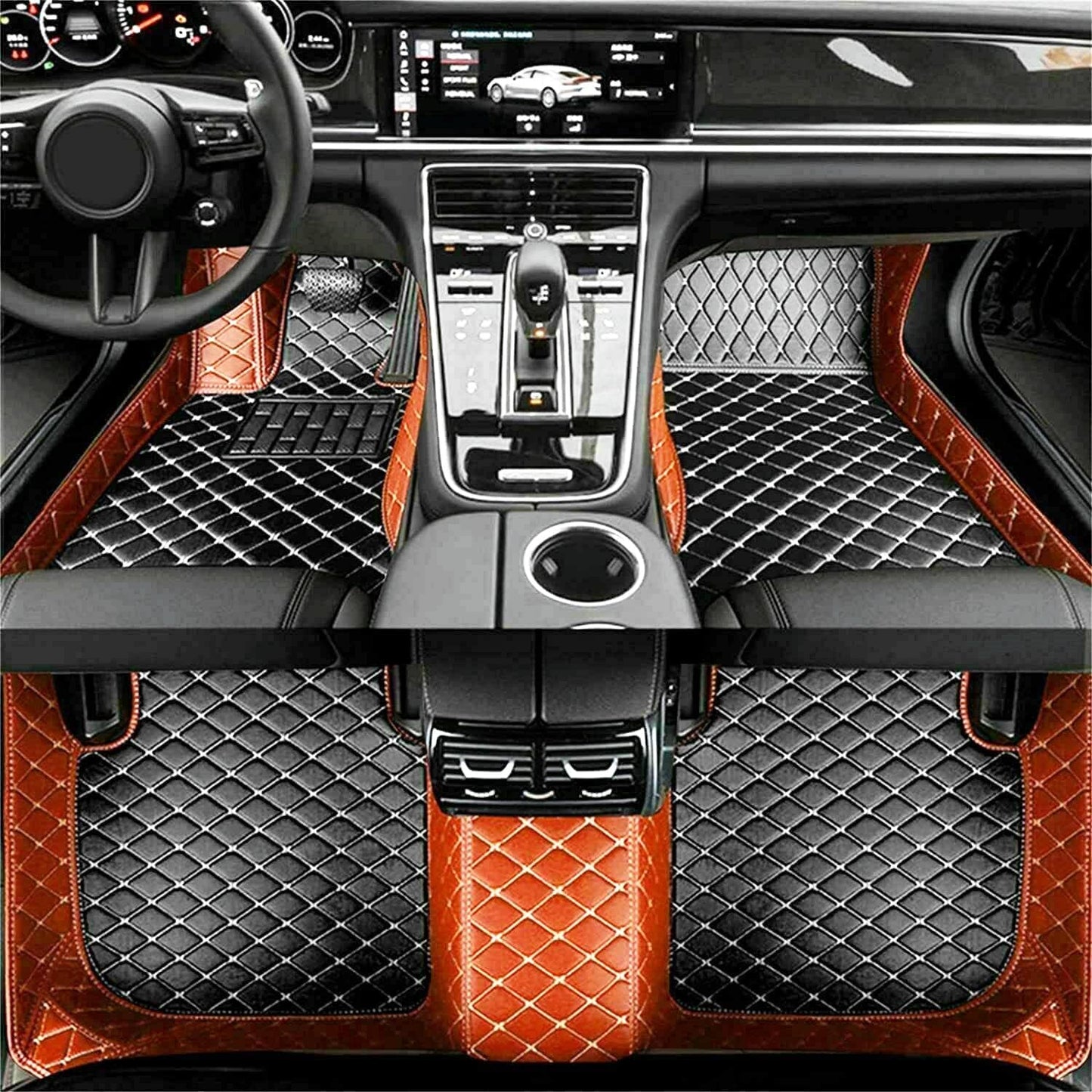 Custom All-Weather Protection Luxury Leather Floor Mats for Cars SUVs Trucks According Anti-Slip Leather Floor mats ﻿ (31, Brown and Black Beige)