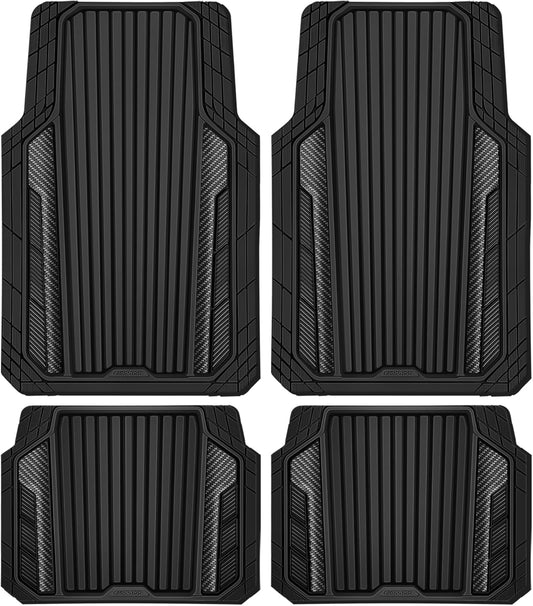 CAR PASS Heavy Duty Rubber Car Mats Metallic,Aluminum Film All Weather Floor Mats Waterproof Universal Trim to Fit SUVs Sedans Vans 4 Piece Anodized Deep Dish Two-Tone Sporty Carbon Fiber Black Chrome