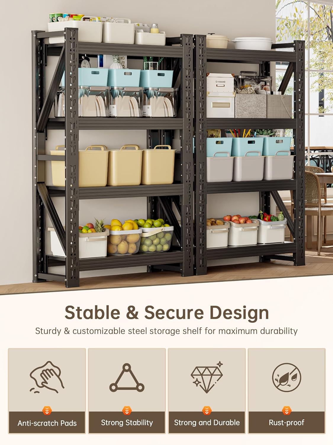 4-Tier Storage Shelves,79" H Heavy-Duty Garage Shelving Unit,Adjustable Industrial Metal Shelf System,3,400lbs Capacity,Tool Organizer for Garage,Workshop,42" W*20" D*79" H,Black