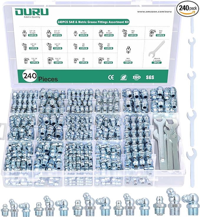 Grease Fittings Assortment, 240PCS SAE & Metric Zerk Grease Fittings NPT 1/4" 1/8" M6 M8 M10, Straight 45 90 Degree Grease Nipple with Wrench Kit(7-11mm) for Grease Gun