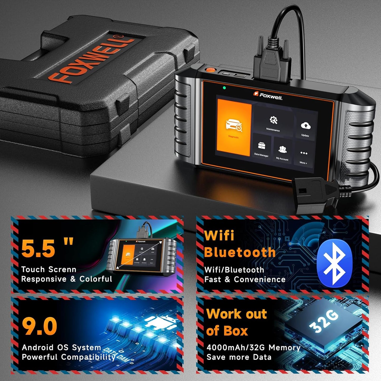 2025 FOXWELL NT716 OBD2 Scanner Bidirectional Control 9+ Resets Scan Tool ABS SRS Transmission Engine Diagnostic Code Reader WiFi Update Injector Coding/D-P-F/BMS/ABS Bleed/Oil/EPB/TPMS/SAS/Throttle