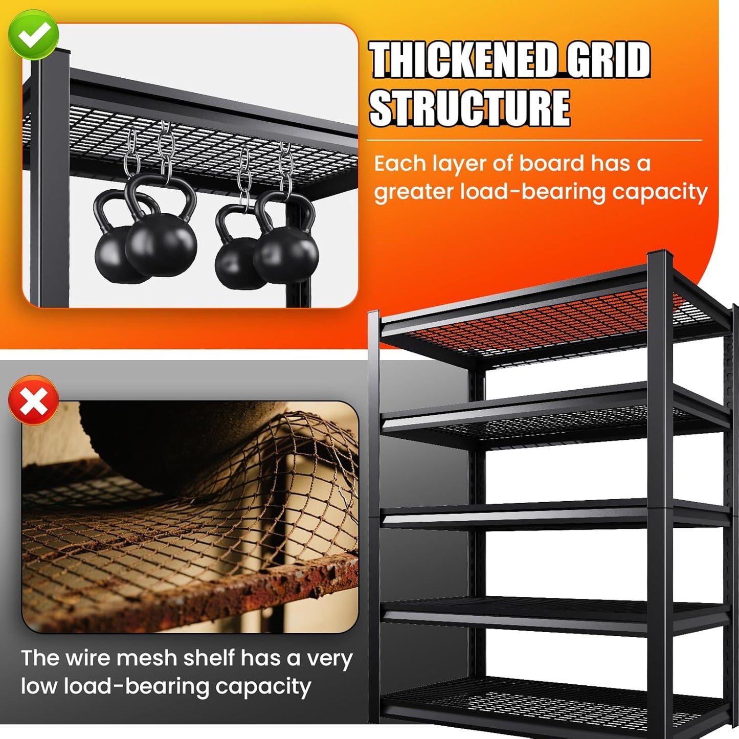 Large Garage Shelving, 5-Tier Garage Storage Shelves 3000LBS Heavy Duty Shelving Unit, Adjustable Steel Metal Shelving, Wire Shelves for Garag, Utility Rack Shelf for Basement, 72 ”H×45.7”W×19.7”D