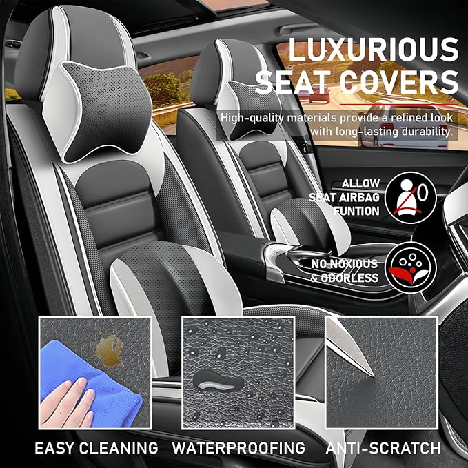 Car Seat Covers Fit for Toyota Highlander 2000-2025 | 7 Seat Car Seat Cover | No-Slip Waterproof Breathable Faux Leather Automotive Seat Covers Auto Interior Covers White Gray,Full Set with Pillow
