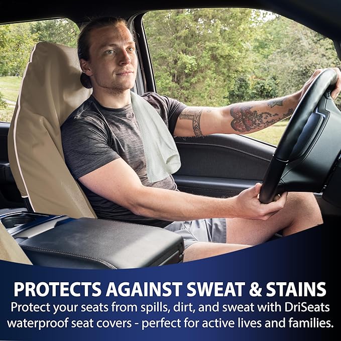 Dri Seats Waterproof Car Seat Cover – Premium Sweat Towel with Slip Resistant Backing for Front Seats in Cars, Trucks, SUVs – Universal Seat Liner, Easy Install, Machine Washable, Breathable