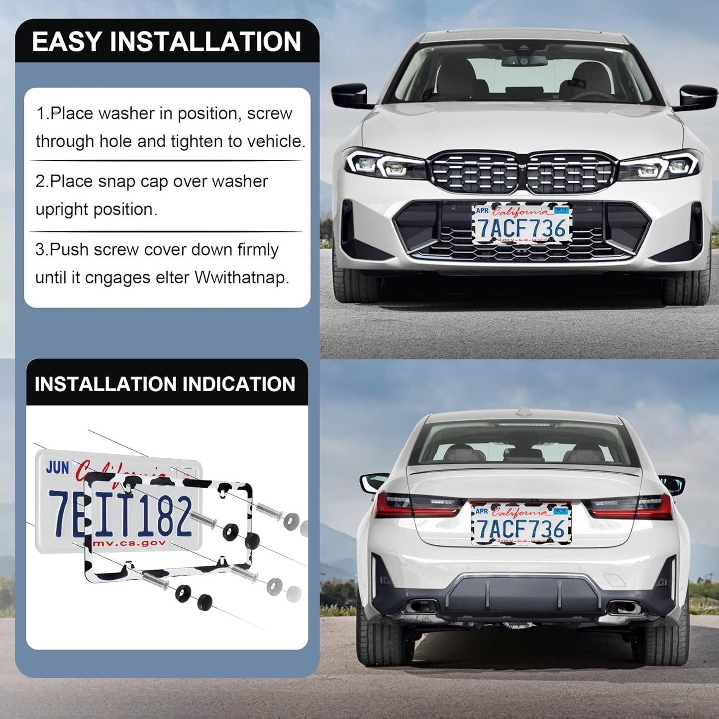 LivTee 4 Holes Stainless Steel License Plate Frames, 2 PCS Car Licence Plate Covers, Automotive Exterior Accessories Slim Design with Bolts Washer Caps for US Vehicles, Cow Spot