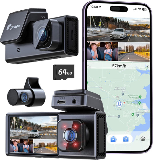 Pelsee P2 Trio 4K Dash Cam Front and Rear Inside WiFi, 64GB Card, 4K+1080P+1080P Dashcam,3 Channel Dash Camera for Cars Smart Driving Assistant ADAS/BSD/DMS,Night Vision/24H Parking Mode/G-Sensor
