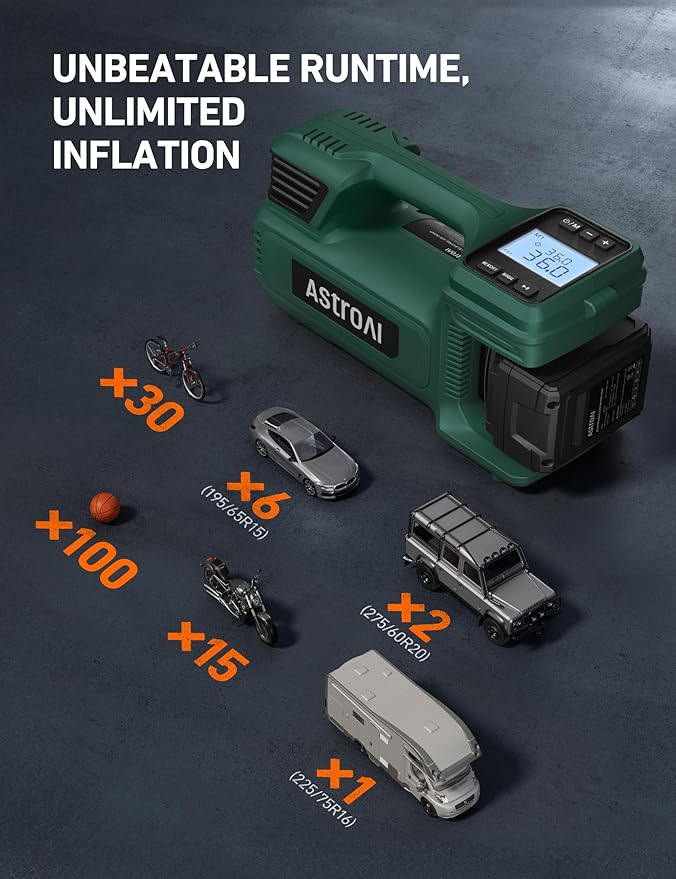 AstroAI TC4 Portable Air Compressor Tire Inflator, 470W 18 V Cordless Air Pump for Truck Tires with 4000mAh Battery, 150PSI Heavy Duty Air Compressor with Digital Display for Car, RVs, SUV Gift Green