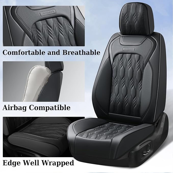 Coverado Car Seat Cover, Black Seat Cover for Cars, Luxury Leather Seat Covers Full Set with Embossed Pattern, Waterproof Car Seat Protector Car Seat Cushions Universal Fit Most Vehicle