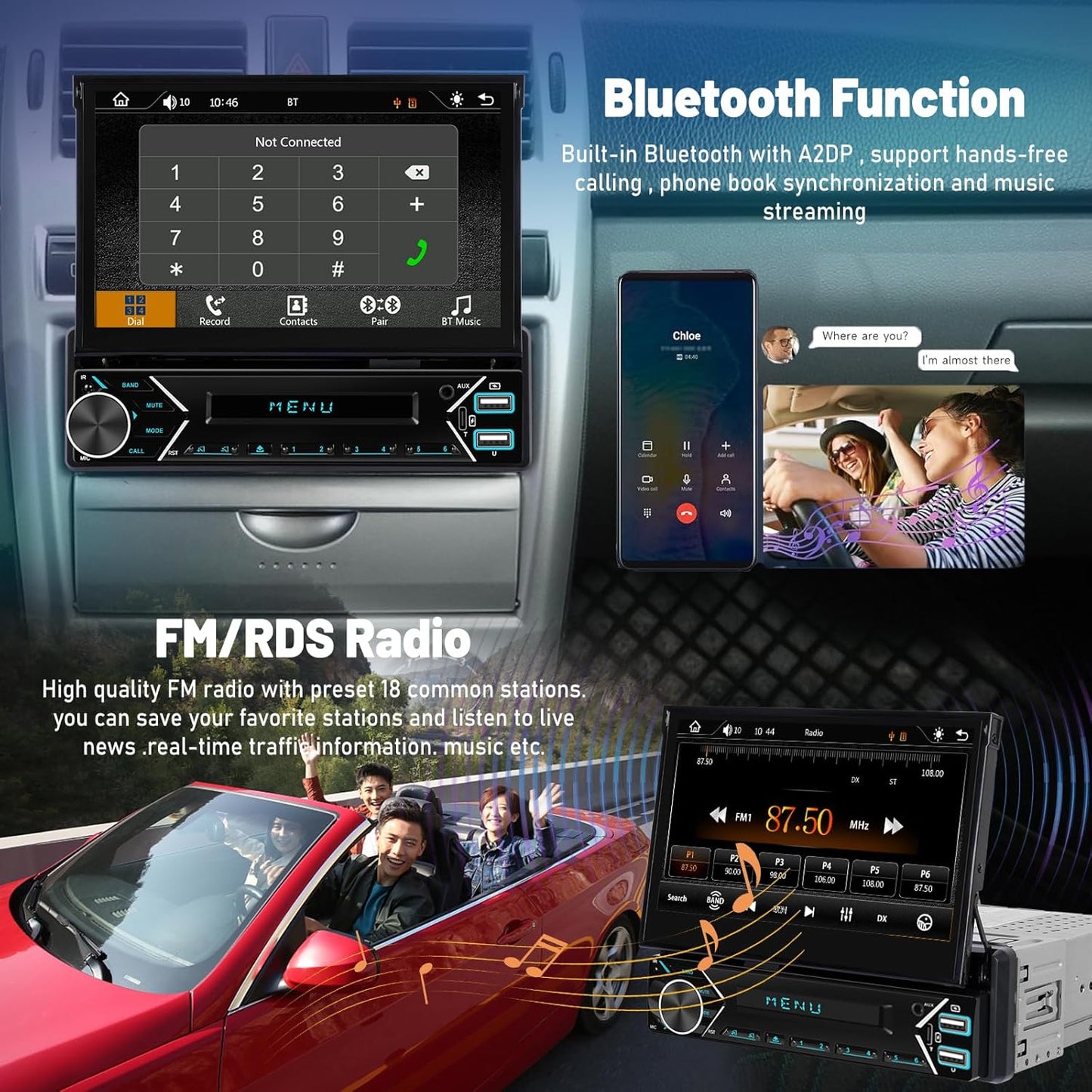 Single Din Car Stereo with Wireless Carplay and Android Auto - 7 Inch Automatic Flip Out Touchscreen Car Radio - Bluetooth/Mirror Link/SWC/FM + 12leds Backup Camera