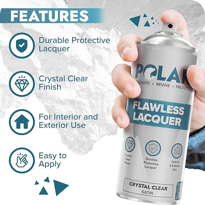 Polar Clear Satin Flawless Lacquer Spray - 6 x 13.5 Fl Oz - Clear Coat Spray Paint - Non-Yellowing & Scratch Resistant - Interior & Exterior Surfaces for Wood, Metal, Plastics, Glass & Ceramics