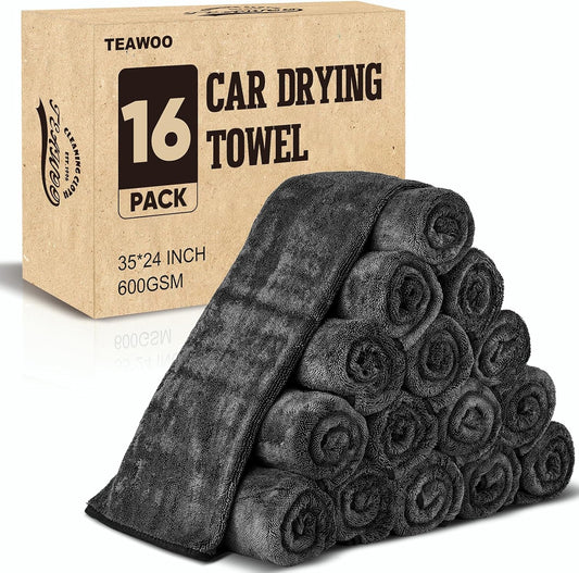 16-Pack Bulk Microfiber Towels for Cars, Super Absorbent Car Drying Towel, Extra Large Car Towel (600GSM, 24" x 35")