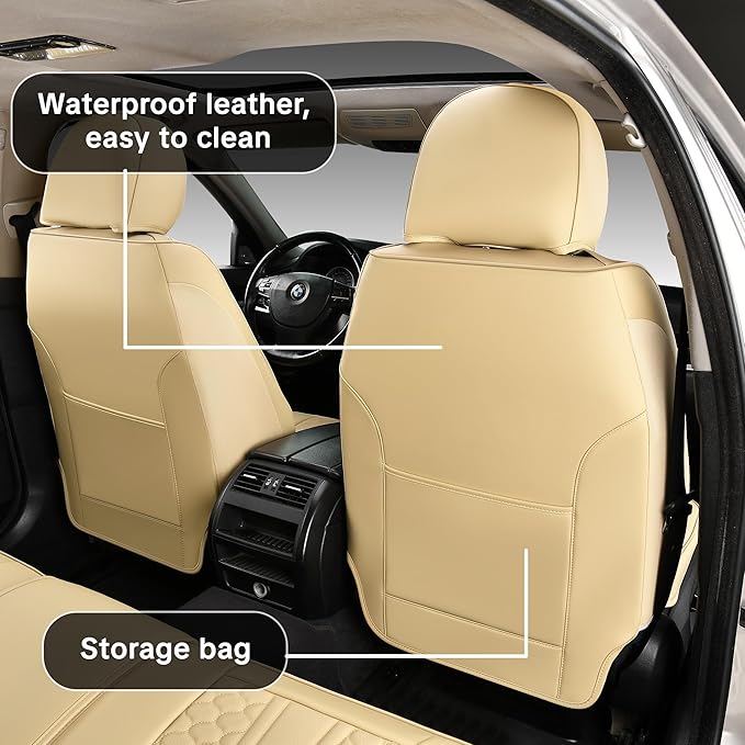 Beige Leather Car Seat Covers - Luxury Waterproof Car Seat Protectors with Lumbar Support, Non-Slip Base, Airbag Compatibility, Easy Installation and Cleaning