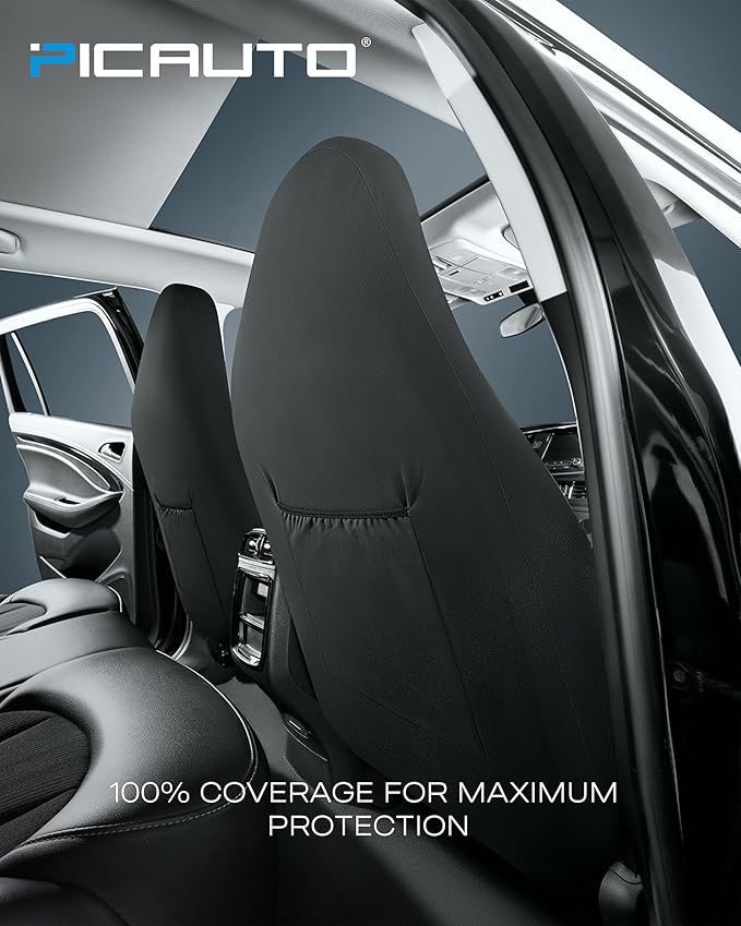 PIC AUTO Leather Car Seat Covers, Sports Carbon Fiber & Mesh Design, High-Back Two Front Set, Waterproof Automotive Seat Covers, Airbag Compatible, Universal Fit for Most Cars (Black & Beige)