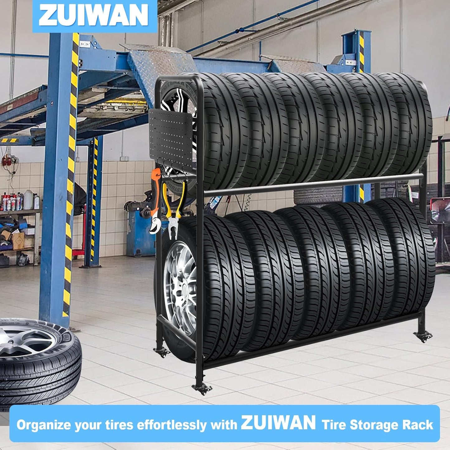 Rolling Tire Rack for Garage, Adjustable Metal Tire Rack with Foldable Heavy-Duty Hole Board, 4 Self-Locking Swivel Casters, 59” Height, 660 Pound Capacity