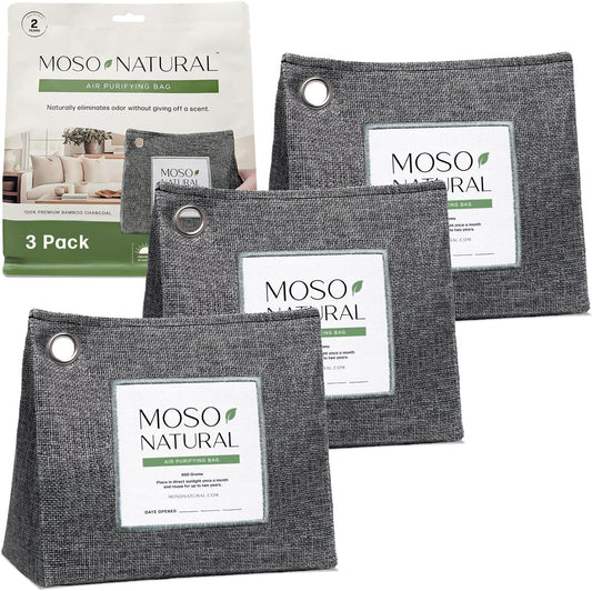Moso Natural Air Purifying Bag 600g (21oz) Premium Bamboo Charcoal Odor Absorber | Room Deodorizer for Large Spaces, Bedroom, Kitchen, Basement | Pet Odor Eliminator for Home | Unscented (3 Pack)