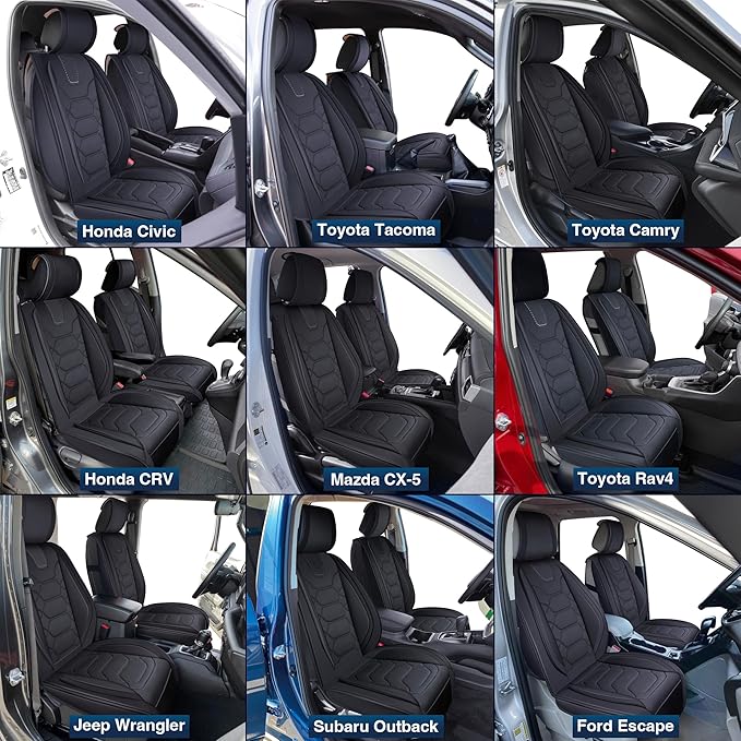 OASIS AUTO Car Seat Covers Front Seats, Waterproof Faux Leather Seat Covers for Cars Universal Fit for SUV, Truck, Sedan, Black Premium Car Seat Protector with Cushions (OS-004 Black)