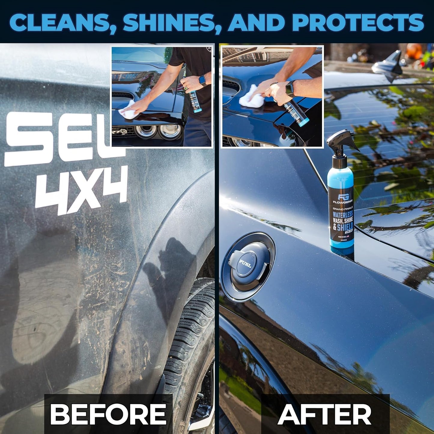 Flowgenix™ Waterless Car Wash Spray - Grand Finale - Motorcycle Cleaner & Car Wax Spray Polish (8 oz) - Ceramic Coating - Incl. 2 Microfiber Towels - Quick Detailer Spray to Make Your Vehicle Shine