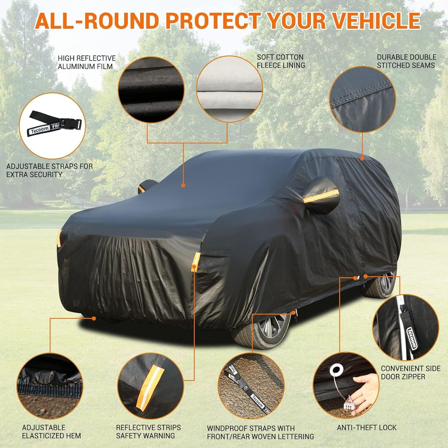 Tecoom Car Cover Waterproof All Weather, Thick Fleece Lining Car Covers for Automobiles with Lock/Zipper Door, Outdoor UV Sun Snow Windproof Hail Protector Car Cover SUV (170-190 Inch)