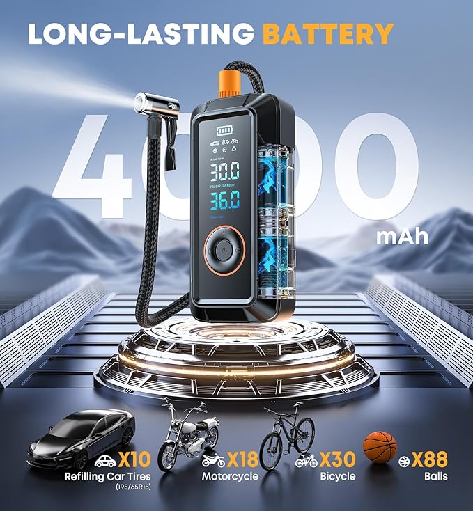 Tire Inflator Portable Air Compressor - Cordless & DC Inflation 4X Faster 150 PSI Portable Pump for Cars Bikes Motorcycles Balls with Pressure Gauge Function Air Compressor Tires Pump
