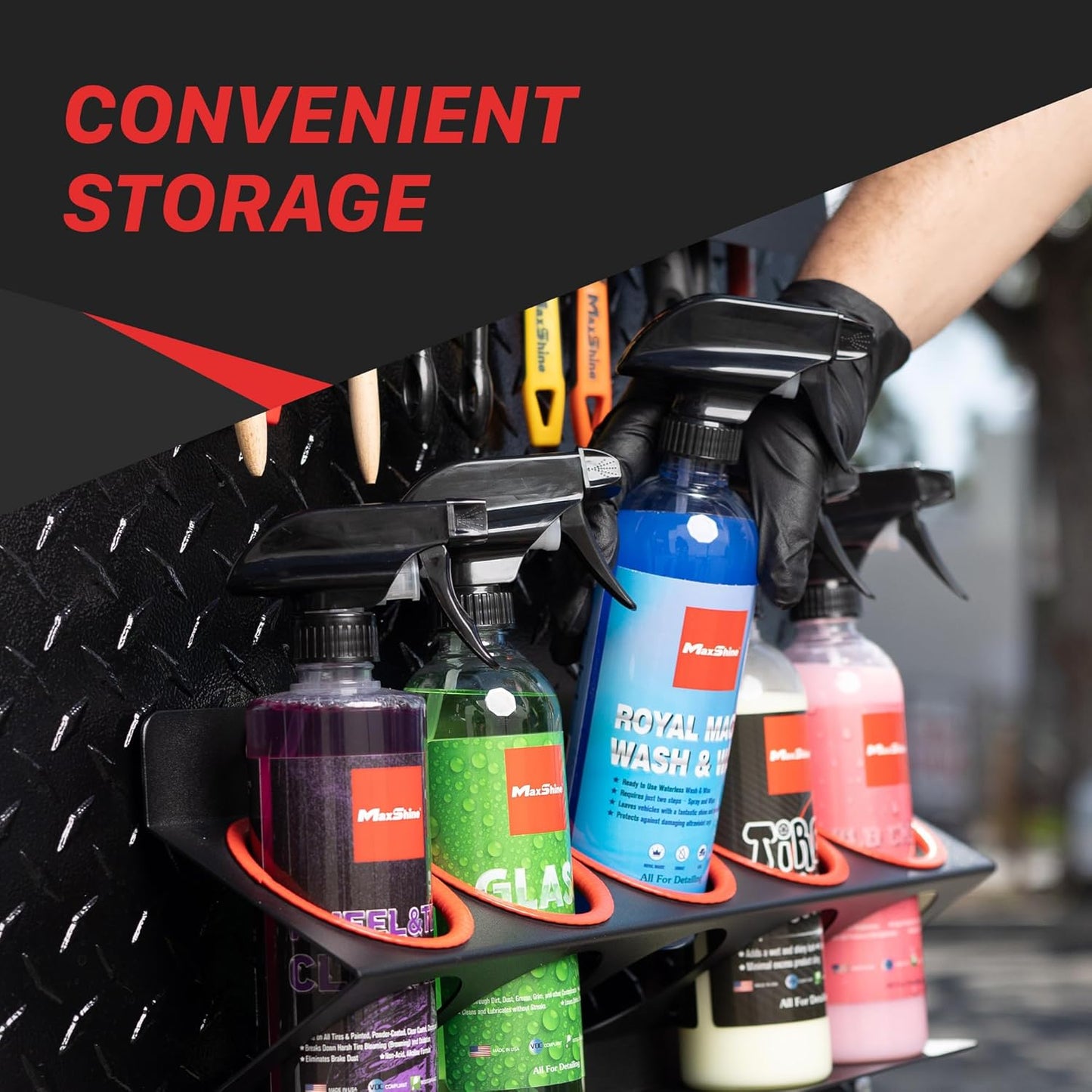 Maxshine Universal Detailing Spray Bottle Holder - Holds 5 Sprayers (16oz), Sturdy & Lightweight Organizer, Easy Wall Mounting, Ideal for Garage & Mobile Use, Auto Detailing Accessories & Supplies