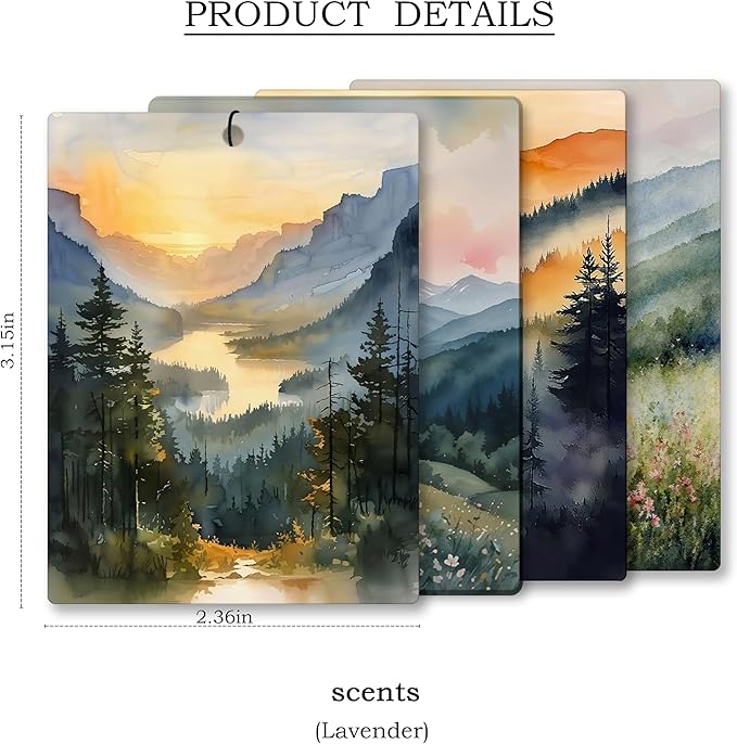 Vintage Mountain Forest Car Air Freshener 4 Pcs, Watercolor Nature Landscape Hanging Scents Air Freshener for Women Men Gifts, Retro Scented Car Accessories Decor for Room Closet Drawer