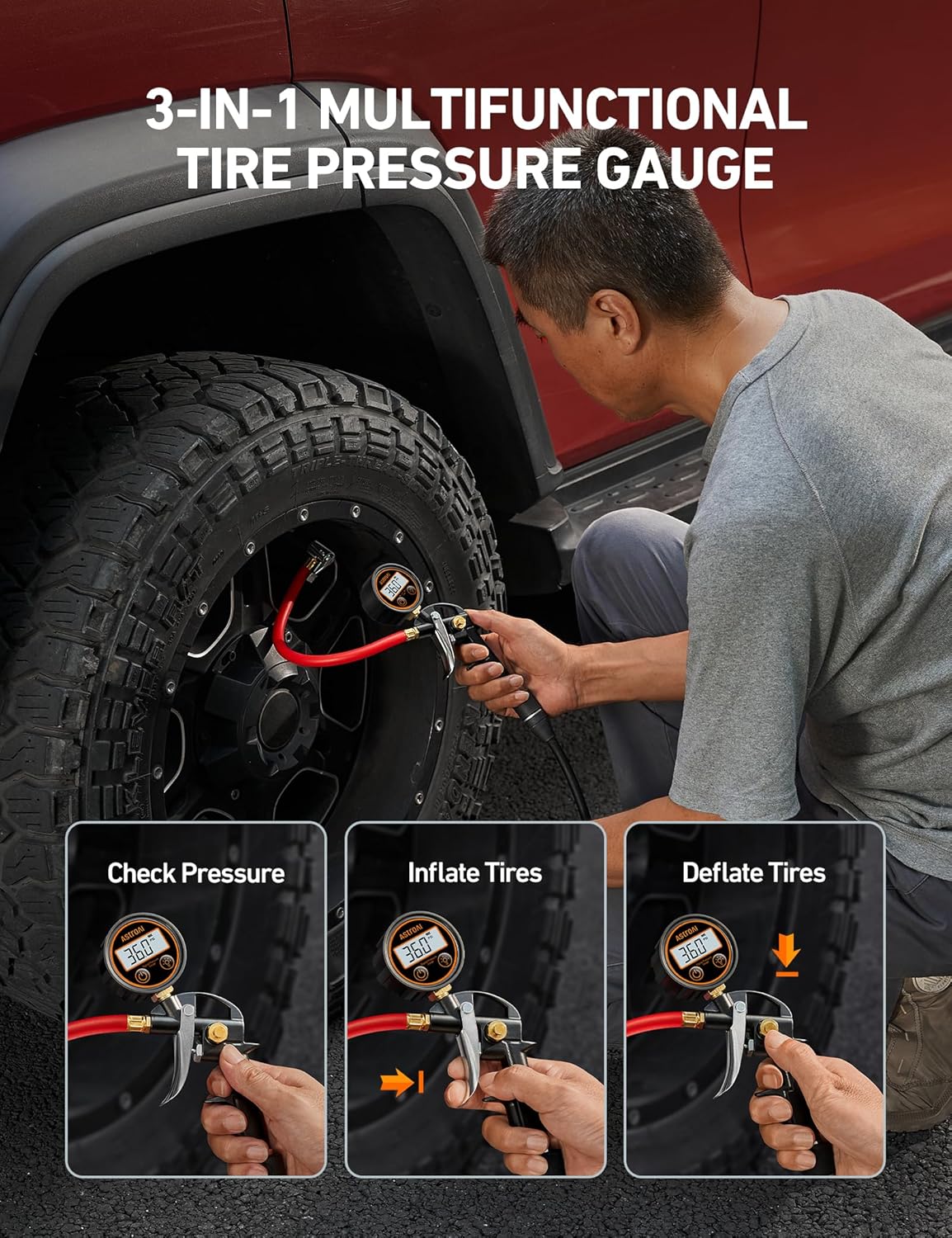 AstroAI T1 Digital Tire Pressure Gauge with Inflator, 3-250 PSI Air Chuck with Pressure Gauge, Heavy Duty with Quick Connect Coupler, Calibrated to ANSI B40.7 Grade 2A